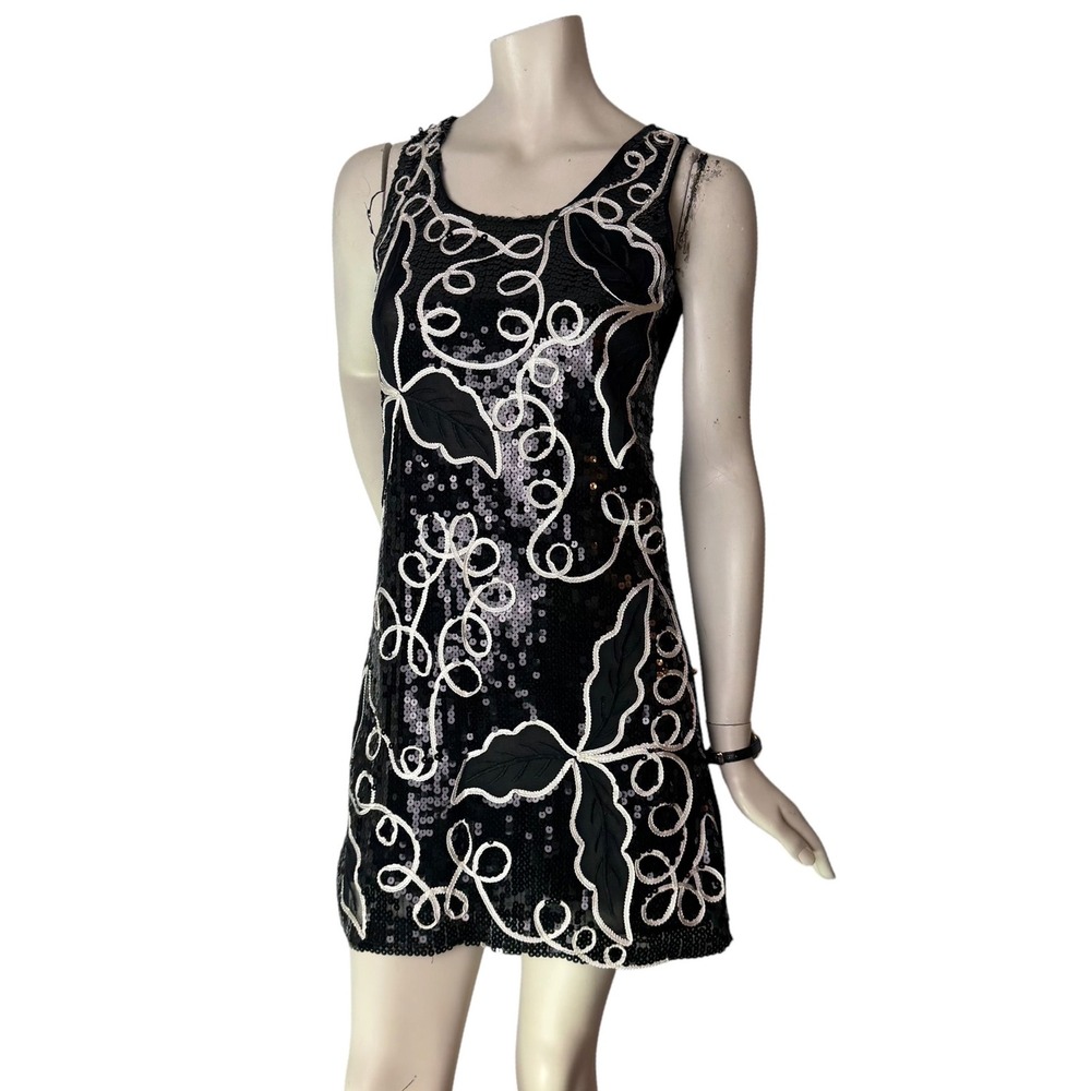 Gatsby Style Mini Dress Sequin Soutache Floral Black White Party Glam Night Sz S
